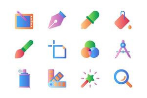 Graphic design icons set in color flat design. Pack of painting tablet, paintbrush, brush, pipette, paint palette, spray, swatch, magic wand and other. Vector pictograms for web sites and mobile app