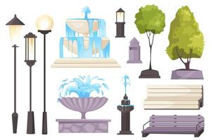 City park elements set graphic elements in flat design. Bundle of different types of street lamp and lanterns, fountains with water splashes, trees and benches. Vector illustration isolated objects