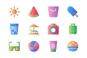 Summer icons set in color flat design. Pack of sun, watermelon, ice cream, cold drink, lounger beach, umbrella, camera, luggage, sunglasses and other. Vector pictograms for web sites and mobile app