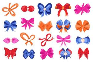 Bows mega set elements in flat design. Bundle of different types and colors decorative bows for gifts, invitation greetings and decorating packages. Vector illustration isolated graphic objects