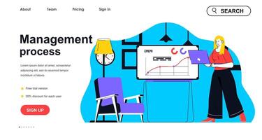 Management process concept for landing page template. Woman manager works with presentation on laptop. Office workflow people scene. Vector illustration with flat character design for web banner