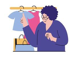 compras concepto con personaje situación. mujer elige nuevo ropa desde surtido de almacenar, hace lote de compras a descuento precios. vector ilustración con personas escena en plano diseño para web