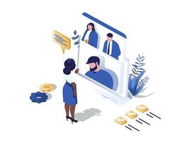 Remote team concept 3d isometric web scene. People discussing work tasks and talking in group video call programm. Colleagues communicates online. Vector illustration in isometry graphic design