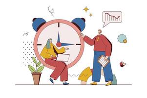 Time management concept with character situation in flat design. Man and woman manage work projects and organize workflow, do tasks before deadline. Vector illustration with people scene for web