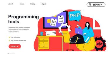 Programming tools concept for landing page template. Woman works at laptop, writes code and settings. Software development people scene. Vector illustration with flat character design for web banner