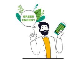 Green energy concept with character situation. Man holding battery with eco friendly technology, renewable source and nature conservation. Vector illustration with people scene in flat design for web