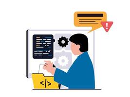 Programming software concept with character situation. Man working with code part, fixing bugs and testing, technical support process. Vector illustration with people scene in flat design for web