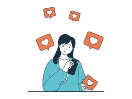 Internet addiction concept with character situation. Woman obsessing over networking and audience attention collecting likes and hearts. Vector illustration with people scene in flat design for web