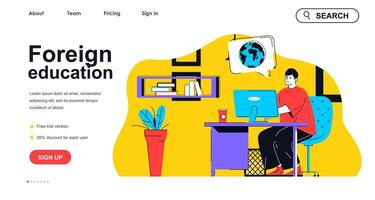 Foreign education concept for landing page template. Man studies at computer at international university. Online learning people scene. Vector illustration with flat character design for web banner