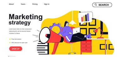 Marketing strategy concept for landing page template. Woman marketer planning and makes ads campaign. Business promotion people scene. Vector illustration with flat character design for web banner