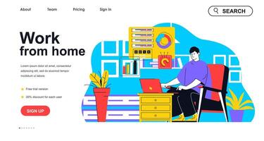 Work from home concept for landing page template. Man freelancer working online at laptop. Comfortable freelance workplace people scene. Vector illustration with flat character design for web banner