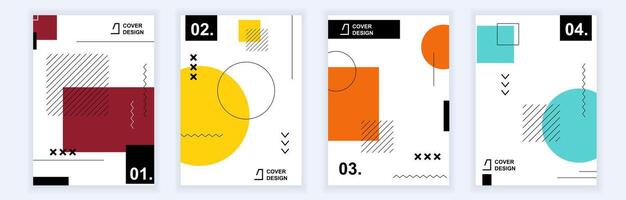 Abstract brochure covers set in modern minimal geometric design. Memphis style background templates with colors circles, squares and graphic lines and grids texture in A4 format. Vector illustration