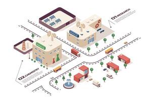 Science laboratory concept 3d isometric web infographic workflow process. Infrastructure map with scientific research lab, chemistry test buildings. Vector illustration in isometry graphic design