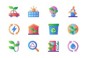 Ecology icons set in color flat design. Pack of electric car, green energy, solar panels, light bulb, windmill, smart home, recycling, earth and other. Vector pictograms for web sites and mobile app