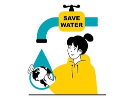 salvar tierra concepto con personaje situación. mujer ahorra agua recursos a hogar y toma cuidado de planeta, conservas naturaleza y ecología. vector ilustración con personas escena en plano diseño para web