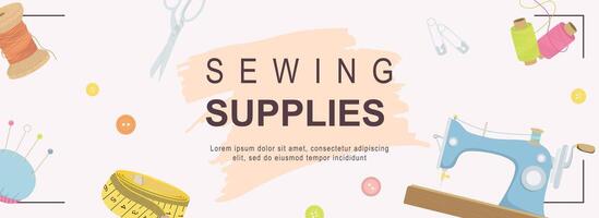 Sewing supplies horizontal web banner. Thread, measuring tape, sew machine, scissors, pins, buttons, needle, dressmaking tools. Vector illustration for header website, cover templates in modern design