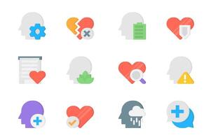 Mental health 3d icons set. Pack flat pictograms of thinking, heartbreak and emotion, human energy, balance, search, warning, help, depression and other. Vector elements for mobile app and web design