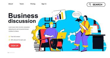 Business discussion concept for landing page template. Employees in office discussing work tasks. Teamwork and cooperation people scene. Vector illustration with flat character design for web banner