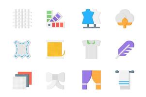 Fabric 3d icons set. Pack flat pictograms of fiber, color palettes, mannequin, cotton, thread, spool, clothes, feather, bow, curtains, towel and other. Vector elements for mobile app and web design