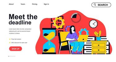 Meet the deadline concept for landing page template. Woman working on laptop, task time is running out. Stress at office people scene. Vector illustration with flat character design for web banner