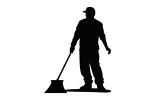 limpieza hombre silueta aislado en un blanco fondo, masculino limpiador negro clipart, barrendero chico negro y blanco vector