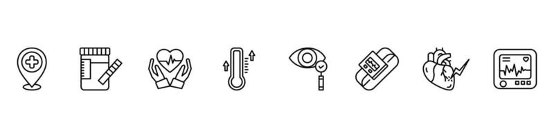 outline set of health checkup line icons. linear vector icons such as location, urine sample, heart rate, temperature, eye test, fitness watch, heart disease, ecg monitor