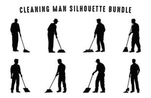 Cleaning Man Silhouette Vector Set, Sweeper boy Silhouettes, Cleaning Boy black clipart Bundle