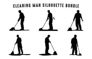 Cleaning Man Silhouette Vector Set, Male Cleaner Silhouettes, Cleaning boy black clipart Bundle