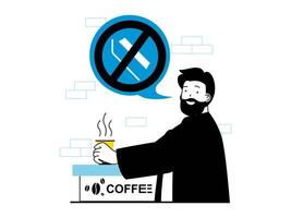 Zero waste concept with character situation. Man drinks coffee from paper cup and refuses plastic straws, care ecology and environment. Vector illustration with people scene in flat design for web