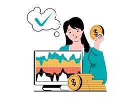 Stock trading concept with character situation. Woman increases her income, analyzes financial statistic graphs and stock market trends. Vector illustration with people scene in flat design for web