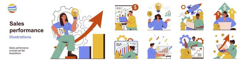 Sales performance concept with character situations collection. Bundle of scenes people analyze graphs data, increase business profits and commercial success. Vector illustrations in flat web design