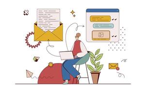 mensajería Servicio concepto con personaje situación en plano diseño. mujer escritura y enviando nuevo letras en línea utilizando correo cliente programa a ordenador portátil. vector ilustración con personas escena para web