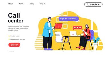 Call center concept for landing page template. Man and woman in headsets answering customers. Technical support consultation people scene. Vector illustration with flat character design for web banner