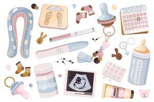 Pregnancy items set graphic elements in flat design. Bundle of pillow, scales, socks, calendar, pacifier, milk bottle, breast cream, ultrasound fetus and other. Vector illustration isolated objects