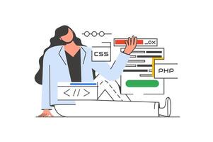Programming working outline web concept with character scene. Woman creates code and testing algorithms. People situation in flat line design. Vector illustration for social media marketing material.