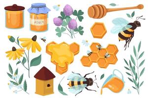 Honey set graphic elements in flat design. Bundle of honey jars, honeycomb, flying bee, clover, different blooming flowers, wooden spoon, other beekeeping tools. Vector illustration isolated objects