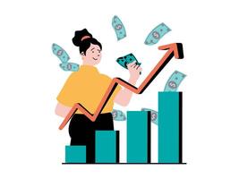 Stock trading concept with character situation. Woman trader earning on stock exchange, successful financial strategy and investment. Vector illustration with people scene in flat design for web