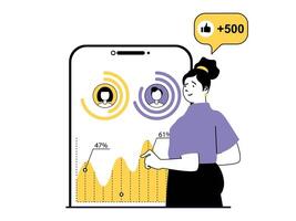 Digital marketing concept with character situation. Woman analyzes data and business audience growth, creates advertising promo content. Vector illustrations with people scene in flat design for web