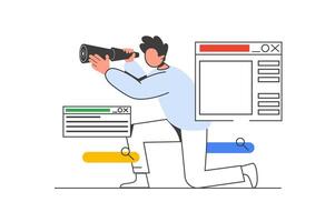 Searching opportunities outline web concept with character scene. Man looks into spyglass, choosing goal. People situation in flat line design. Vector illustration for social media marketing material.