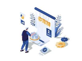 Customer relationship management concept 3d isometric web scene. People using CRM tools for planning strategy, data analyzing, working with database. Vector illustration in isometry graphic design