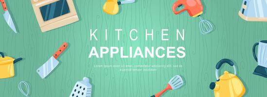 Kitchen appliances horizontal web banner. Knife, oven, mixer, cezve, saucepan, grater, whisk, spatula, toaster and utensils. Vector illustration for header website, cover templates in modern design