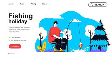 Fishing holiday concept for landing page template. Man catches fish with rod, resting in forest by lake. Hobby and leisure people scene. Vector illustration with flat character design for web banner