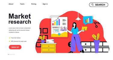 Market research concept for landing page template. Woman analyst analyzing data. Business statistics, financial analytics people scene. Vector illustration with flat character design for web banner