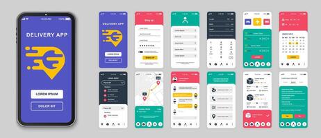 Delivery mobile app screens set for web templates. Pack of login, ordering package, choose transportation, tracking parcel and other mockups. UI, UX, GUI user interface kit for layouts. Vector design