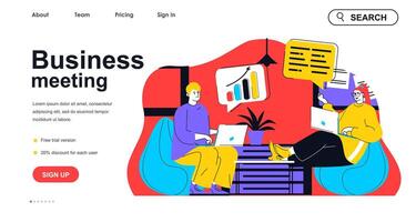 Business meeting concept for landing page template. Colleagues discuss tasks, analyze report and create strategy. Teamwork people scene. Vector illustration with flat character design for web banner