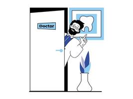 Medical concept with character situation. Dentist standing at door of office and waiting for patients. Doctor working in dental clinic. Vector illustration with people scene in flat design for web