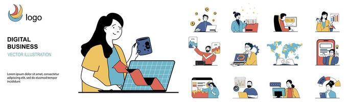 Digital business concept with character situations collection. Bundle of scenes people developing online company, analysis data, e-commerce and earning profit. Vector illustrations in flat web design