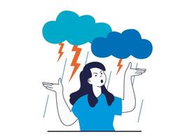 Mental health concept with character situation. Angry woman screaming in strong rage with clouds and thunderstorm, emotional problems. Vector illustration with people scene in flat design for web