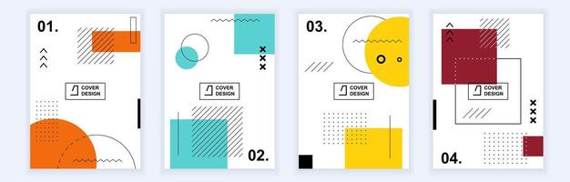 Abstract brochure covers set in modern minimal geometric design. Memphis style background templates with circles, squares and elements composition in A4 format for presentation. Vector illustration