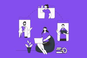 Remote team web concept with character scene in flat design. People discussing tasks, talking in group video call programm, working together. Vector illustration for social media marketing material.